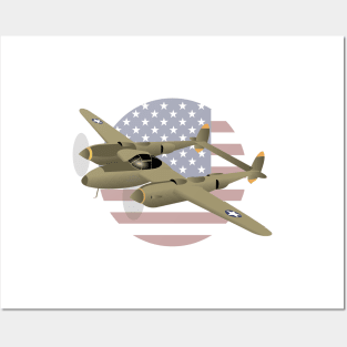 WW2 P-38 Lightning Airplane with US Flag Posters and Art